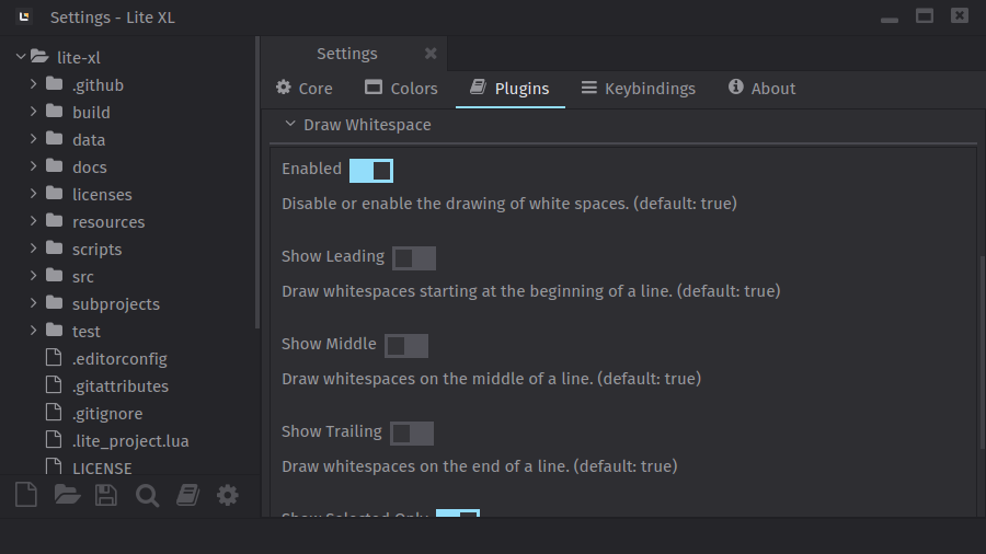 Settings for drawwhitespace